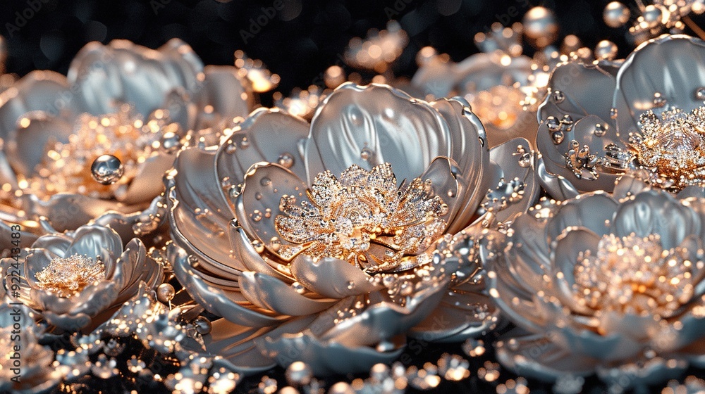 A close-up of a group of flowers with droplets of water on their petals and in between them A close-up of a group of flowers with droplets of water on their petals and in between them