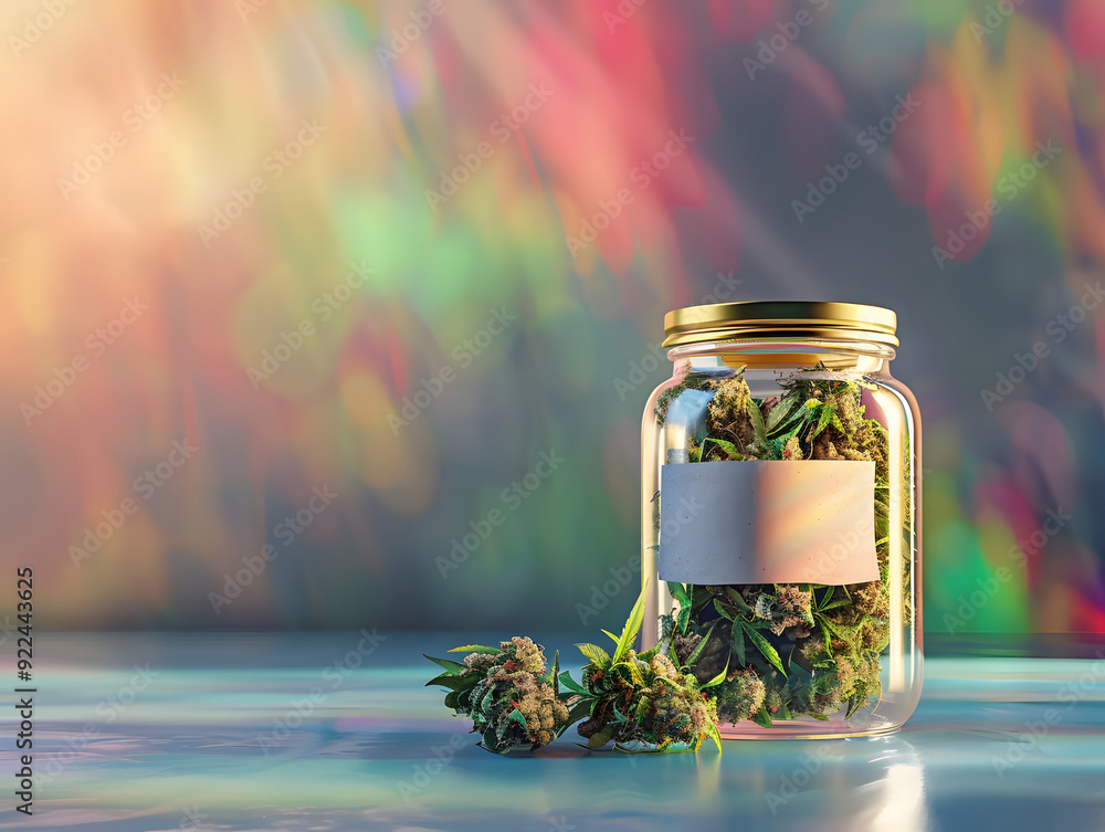 Cannabisblüten in Glasbehälter vor farbigem Hintergrund Cannabisblüten in Glasbehälter vor farbigem Hintergrund