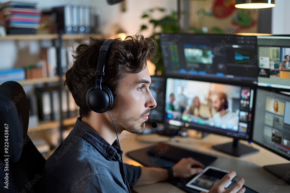 A man with headphones works on a computer, editing footage and engaging in a video conference. A man with headphones works on a computer, editing footage and engaging in a video conference.