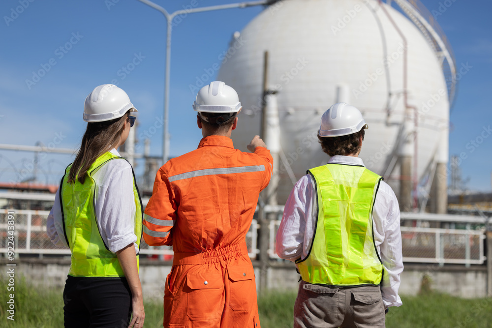 Back view of engineers having a discussion at oil refinery site Back view of engineers having a discussion at oil refinery site