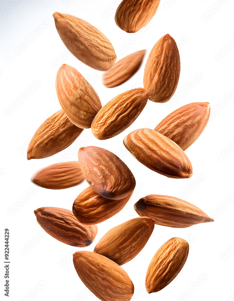 Obraz premium Shelled almonds falling freely vertically on white background