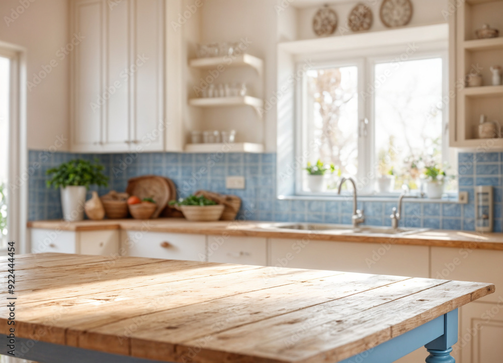 Green Empty wooden table with the bright white interior of the kitchen as a blurred background behind the bokeh golden sunshine Green Empty wooden table with the bright white interior of the kitchen as a blurred background behind the bokeh golden sunshine