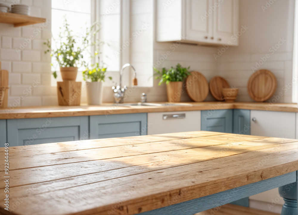 Green Empty wooden table with the bright white interior of the kitchen as a blurred background behind the bokeh golden sunshine Green Empty wooden table with the bright white interior of the kitchen as a blurred background behind the bokeh golden sunshine