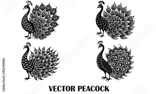 Set of four black and white peacock vector illustrations .
