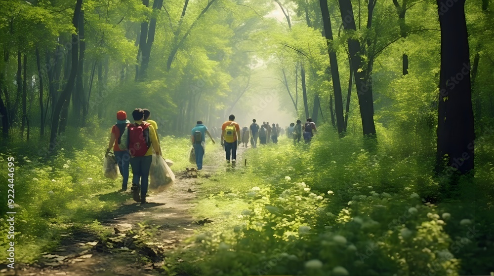 Group of People Hiking Through a Forest Path Group of People Hiking Through a Forest Path
