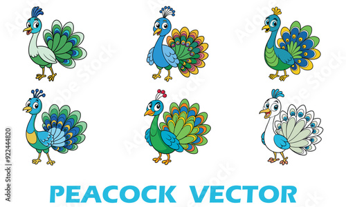 Set of six cute cartoon peacocks vector illustrator.