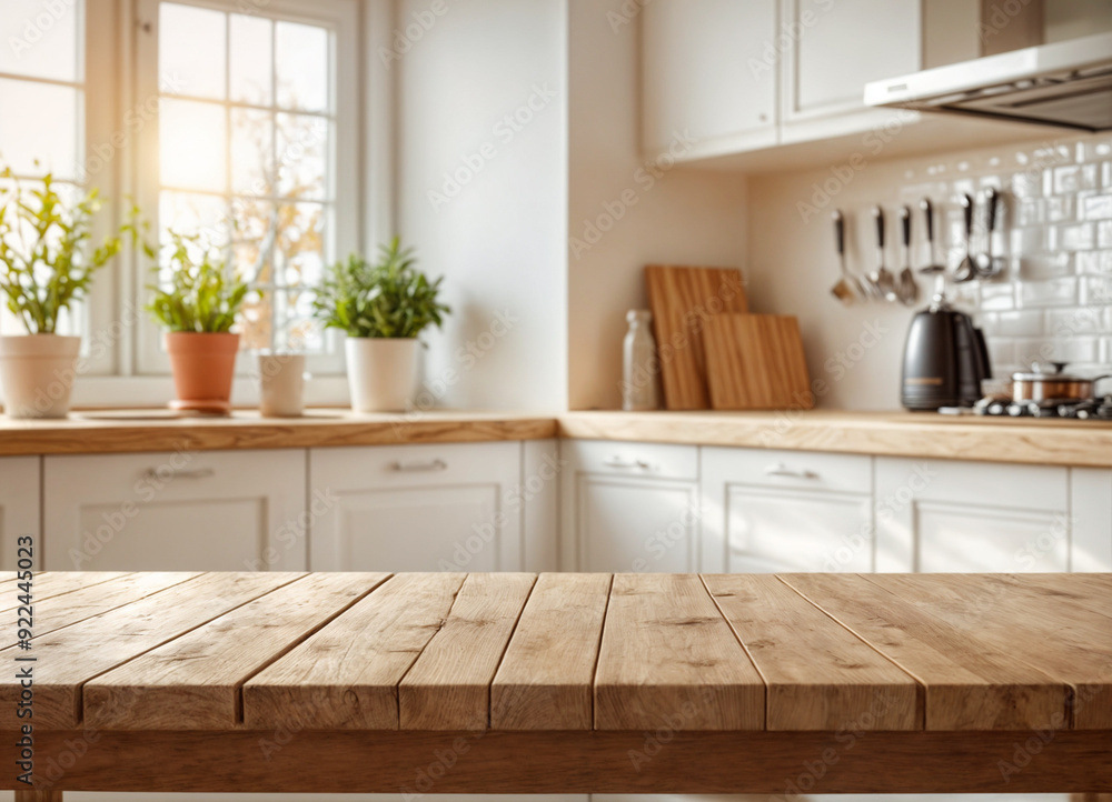 Green Empty wooden table with the bright white interior of the kitchen as a blurred background behind the bokeh golden sunshine Green Empty wooden table with the bright white interior of the kitchen as a blurred background behind the bokeh golden sunshine