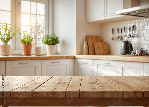 Green Empty wooden table with the bright white interior of the kitchen as a blurred background behind the bokeh golden sunshine