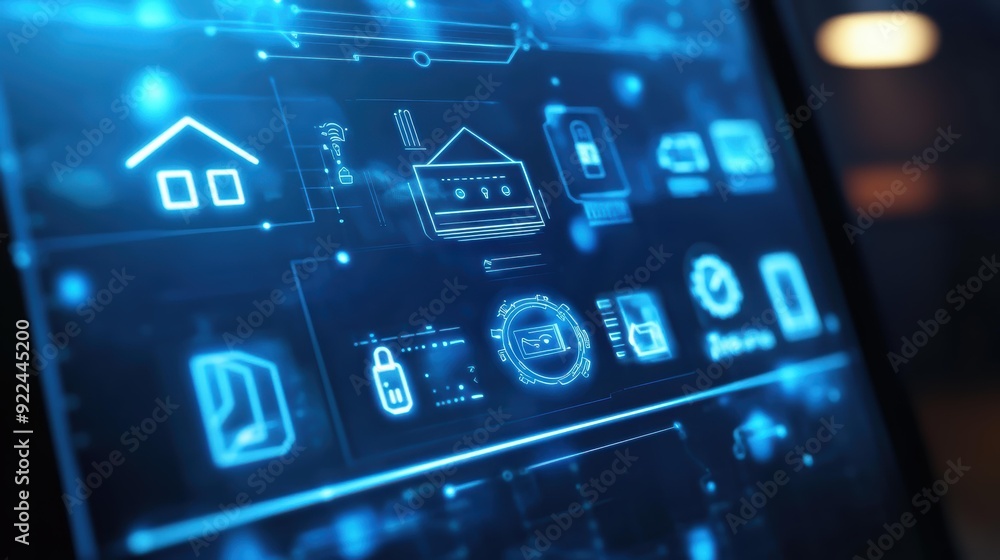 A digital interface displaying various smart home icons and security features, highlighting the concept of home automation and technology integration. A digital interface displaying various smart home icons and security features, highlighting the concept of home automation and technology integration.