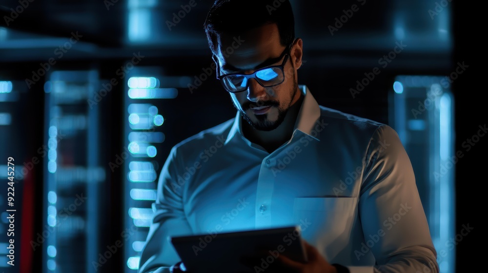 A man in a white shirt and glasses is working on a tablet in a dimly lit server room, illuminated by blue light, with a focused expression. A man in a white shirt and glasses is working on a tablet in a dimly lit server room, illuminated by blue light, with a focused expression.