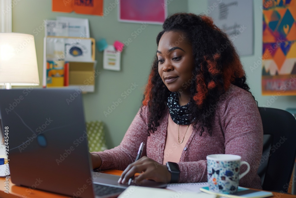 Fototapeta premium A woman sits at a desk, focused on her laptop, working from home.