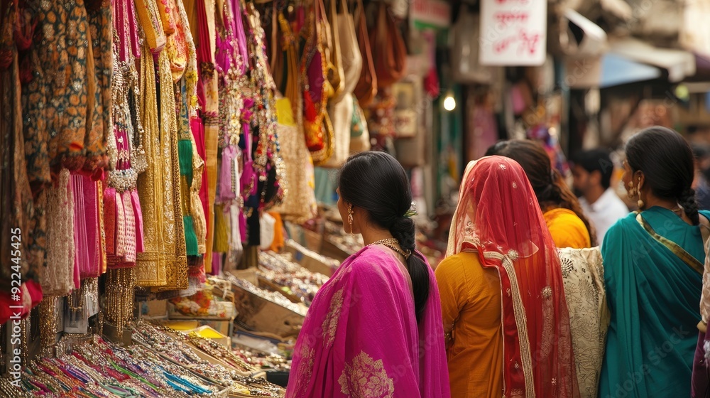 Indian Women Shopping in a Bazaar: Women shopping for clothes and jewelry in a colorful bazaar, highlighting the social and economic activities in Indian markets. Indian Women Shopping in a Bazaar: Women shopping for clothes and jewelry in a colorful bazaar, highlighting the social and economic activities in Indian markets.