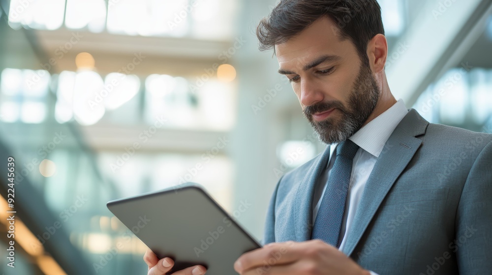 A businessman in a suit is focused on using a tablet in a modern office building. A businessman in a suit is focused on using a tablet in a modern office building.