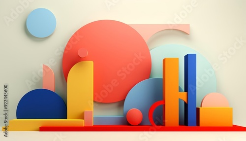 Simplistic flat design, side view, abstract shapes theme, 3D render, Splitcomplementary color scheme