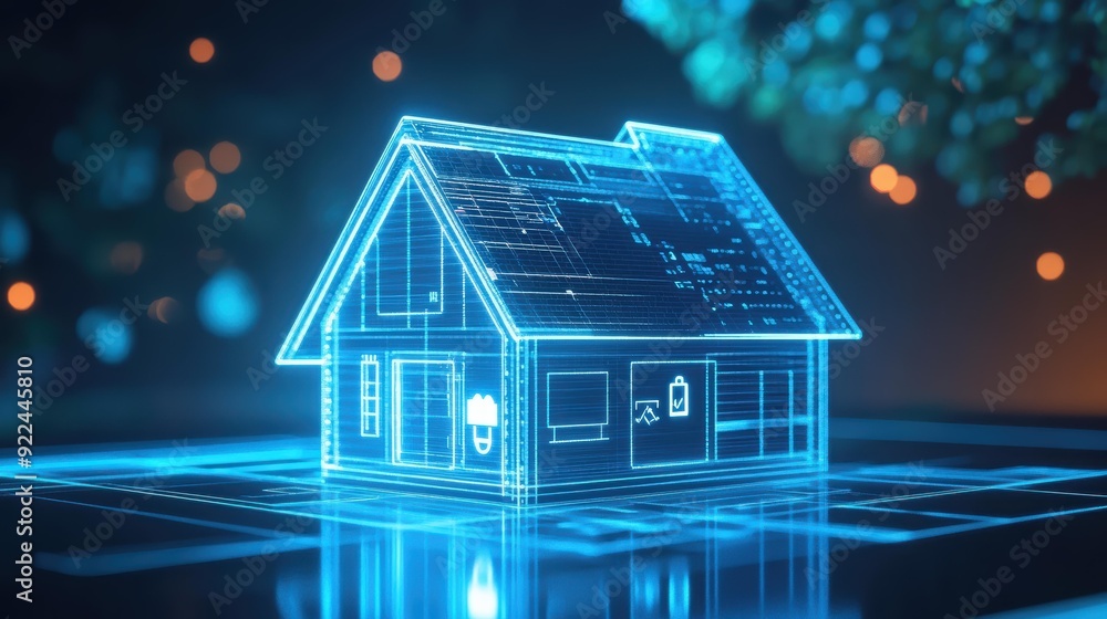 A digital rendering of a smart home blueprint with a futuristic and innovative design. A digital rendering of a smart home blueprint with a futuristic and innovative design.