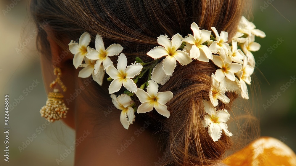 Naklejka premium Jasmine Flowers in a Woman's Hair: A woman wearing jasmine flowers in her hair, showcasing the traditional use of these fragrant blooms in Indian adornment.