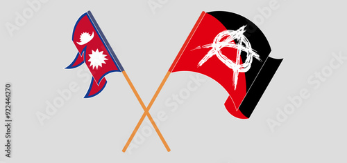 Crossed and waving flags of Nepal and Anarchy