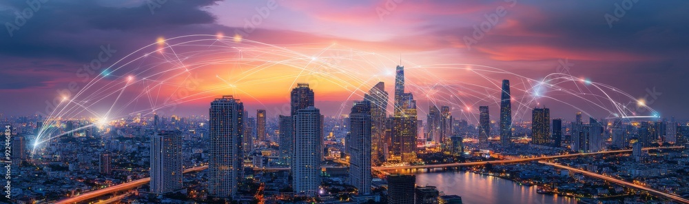 Fototapeta premium A cityscape at dusk, with interconnected nodes symbolizing the network of innovation and digital connections in AI technology