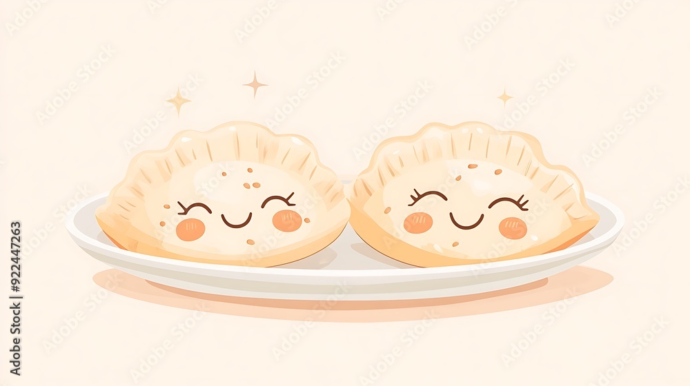 Delightful Dumpling Duo - Playful Dough Characters in Moon Shapes with Sesame Seeds on Soft Beige Background Illustration Delightful Dumpling Duo - Playful Dough Characters in Moon Shapes with Sesame Seeds on Soft Beige Background Illustration