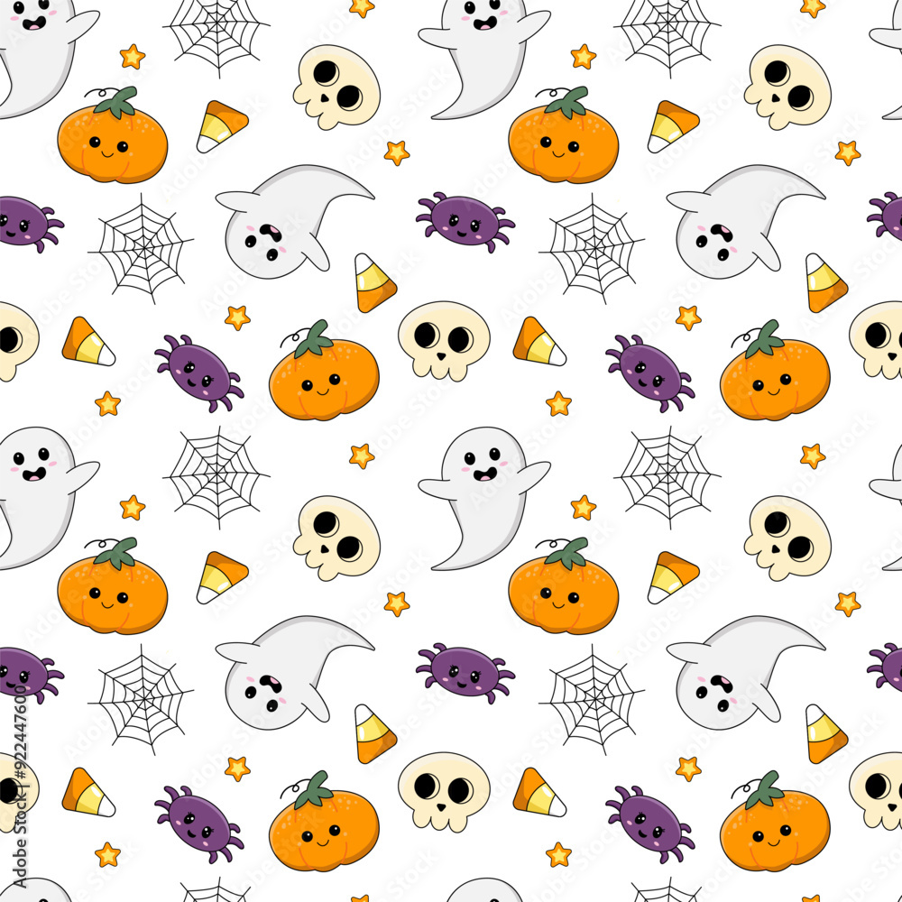 Halloween pattern. Seamless pattern of ghosts, candies, spiders, pumpkins, spider webs. Halloween pattern. Seamless pattern of ghosts, candies, spiders, pumpkins, spider webs.