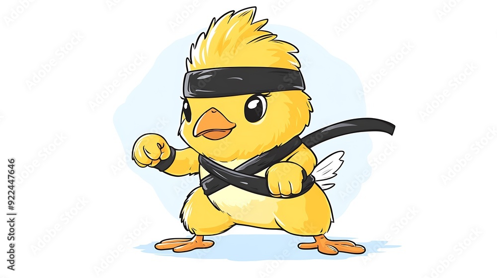 Fototapeta premium Karate Chick: Cute Cartoon Yellow Chicken Practicing Martial Arts in Clip Art Style