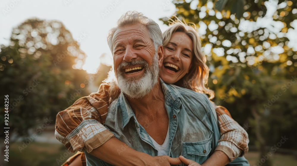 A woman laughs joyfully while piggybacking on a man's back, both sharing a moment of happiness in the sunset A woman laughs joyfully while piggybacking on a man's back, both sharing a moment of happiness in the sunset