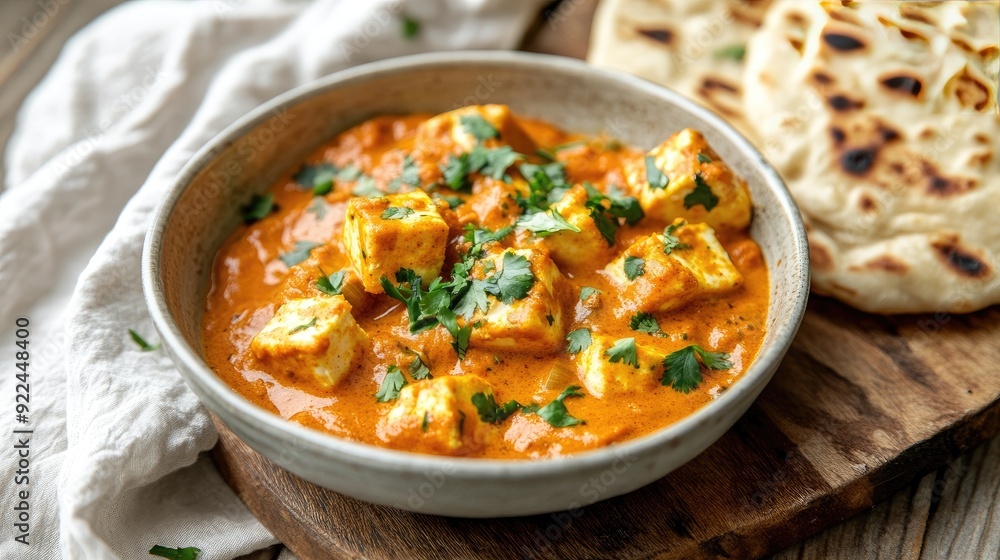 Paneer Butter Masala and Naan: A bowl of creamy paneer butter masala paired with garlic naan, illustrating a popular North Indian meal. Paneer Butter Masala and Naan: A bowl of creamy paneer butter masala paired with garlic naan, illustrating a popular North Indian meal.