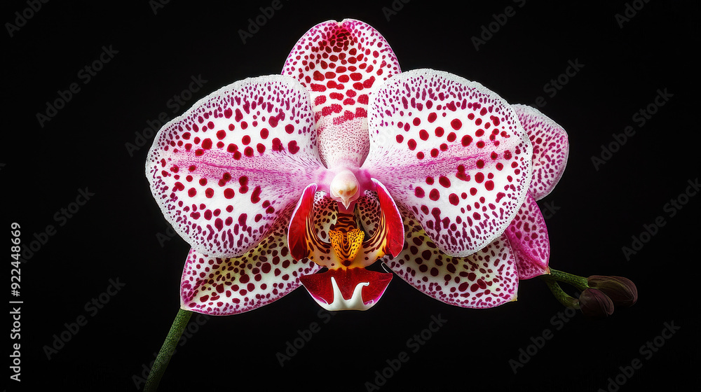 Detailed close-up image of a stunning orchid flower with pink and white speckles, highlighted against a dark background, emphasizing its intricate beauty. Detailed close-up image of a stunning orchid flower with pink and white speckles, highlighted against a dark background, emphasizing its intricate beauty.