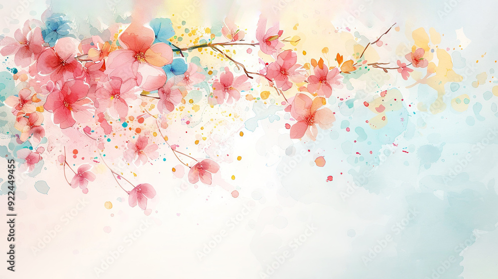 Watercolor painting of a pink-flowered branch against a multi-colored background Watercolor painting of a pink-flowered branch against a multi-colored background
