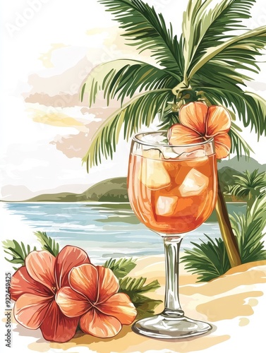 Tropical Cocktail with Palm Tree and Ocean View