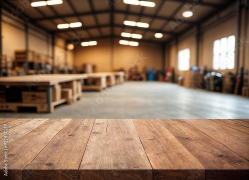 Wood table floor scene of warehouse inventory in defocus blur background style copy space for product display decorate design.