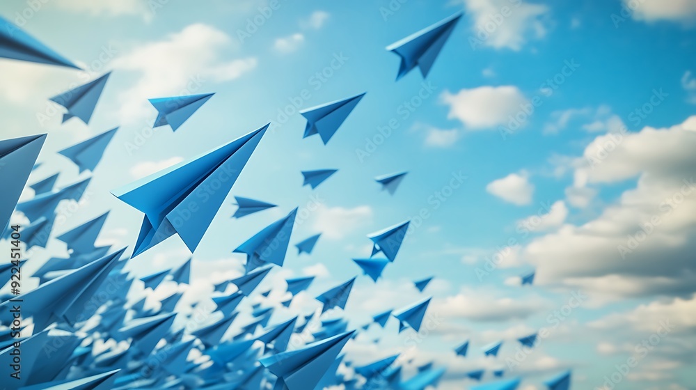 Obraz premium A Swarm of Blue Paper Airplanes Soaring Through a Cloudy Sky