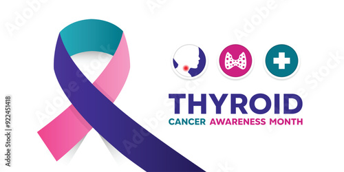 Thyroid Cancer Awareness Month. Ribbon, people,  thyroid and plus icon. Great for cards, banners, posters, social media and more. White background.