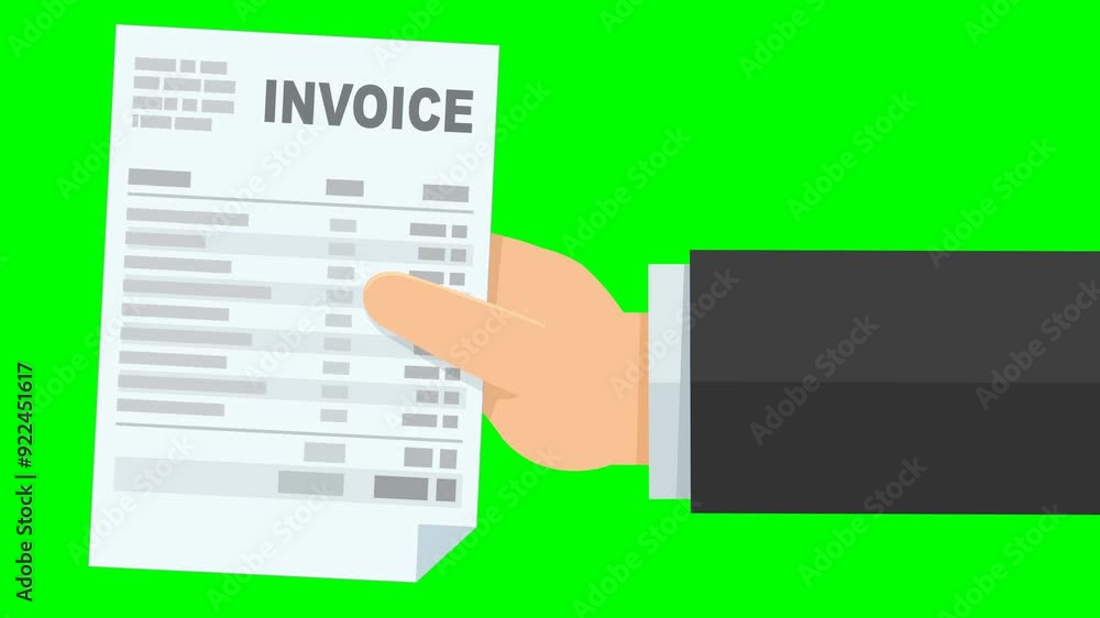 A hand presents an invoice from the right on green screen with alpha channel (flat design) A hand presents an invoice from the right on green screen with alpha channel (flat design)
