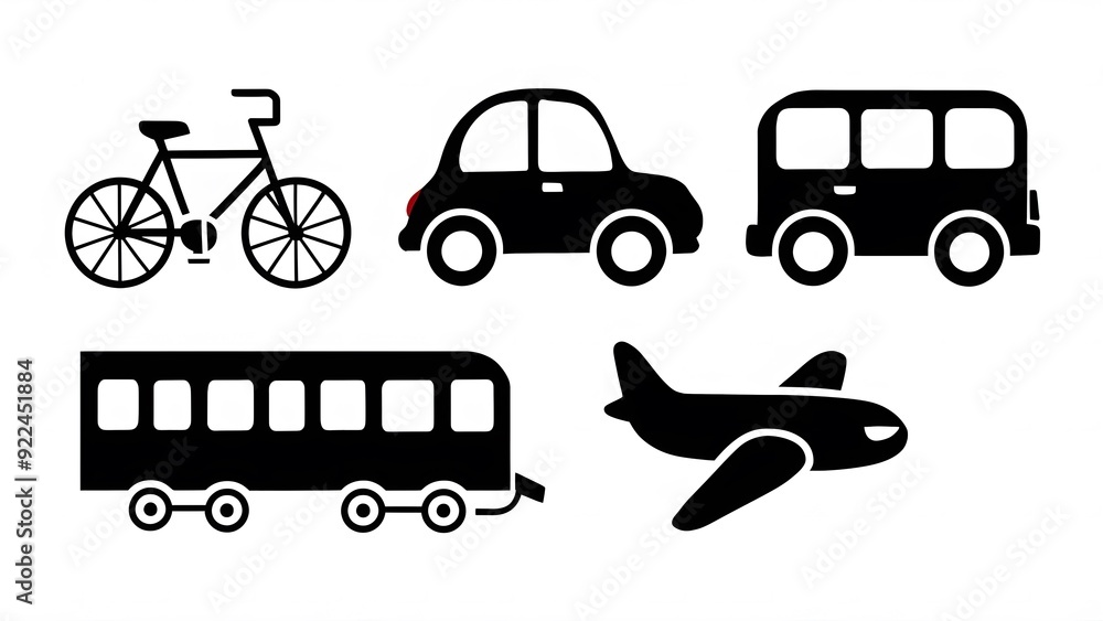 2D icons of a bus, train, bicycle, car and plane separated on a bright ...