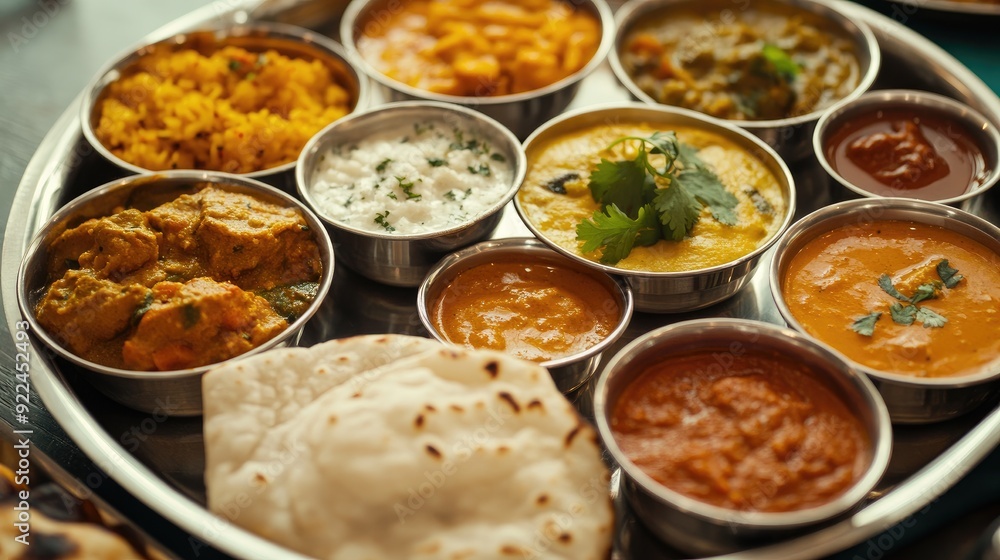 Traditional Thali Meal: A traditional Indian thali featuring a variety of curries, rice, chapati, and sweets, displaying the diversity of Indian food. Traditional Thali Meal: A traditional Indian thali featuring a variety of curries, rice, chapati, and sweets, displaying the diversity of Indian food.