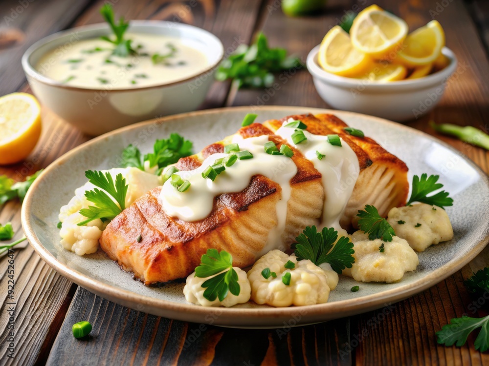 Freshly roasted cauliflower florets smothered in creamy tahini dressing sit alongside a perfectly grilled salmon fillet, garnished with fresh parsley and a squeeze of lemon. Freshly roasted cauliflower florets smothered in creamy tahini dressing sit alongside a perfectly grilled salmon fillet, garnished with fresh parsley and a squeeze of lemon.