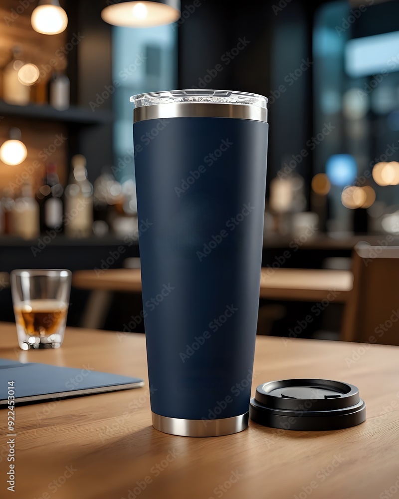 A navy blue travel mug with a silver rim and a black lid on a wooden table in a cafe setting. A navy blue travel mug with a silver rim and a black lid on a wooden table in a cafe setting.