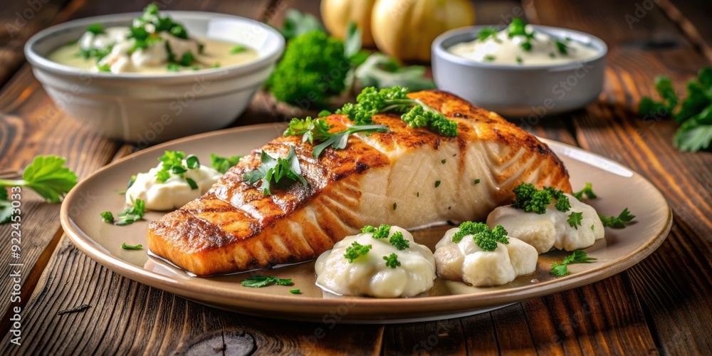 Freshly grilled salmon fillet paired with roasted cauliflower florets, drizzled with creamy tahini dressing and garnished with parsley, on a rustic wooden table. Freshly grilled salmon fillet paired with roasted cauliflower florets, drizzled with creamy tahini dressing and garnished with parsley, on a rustic wooden table.
