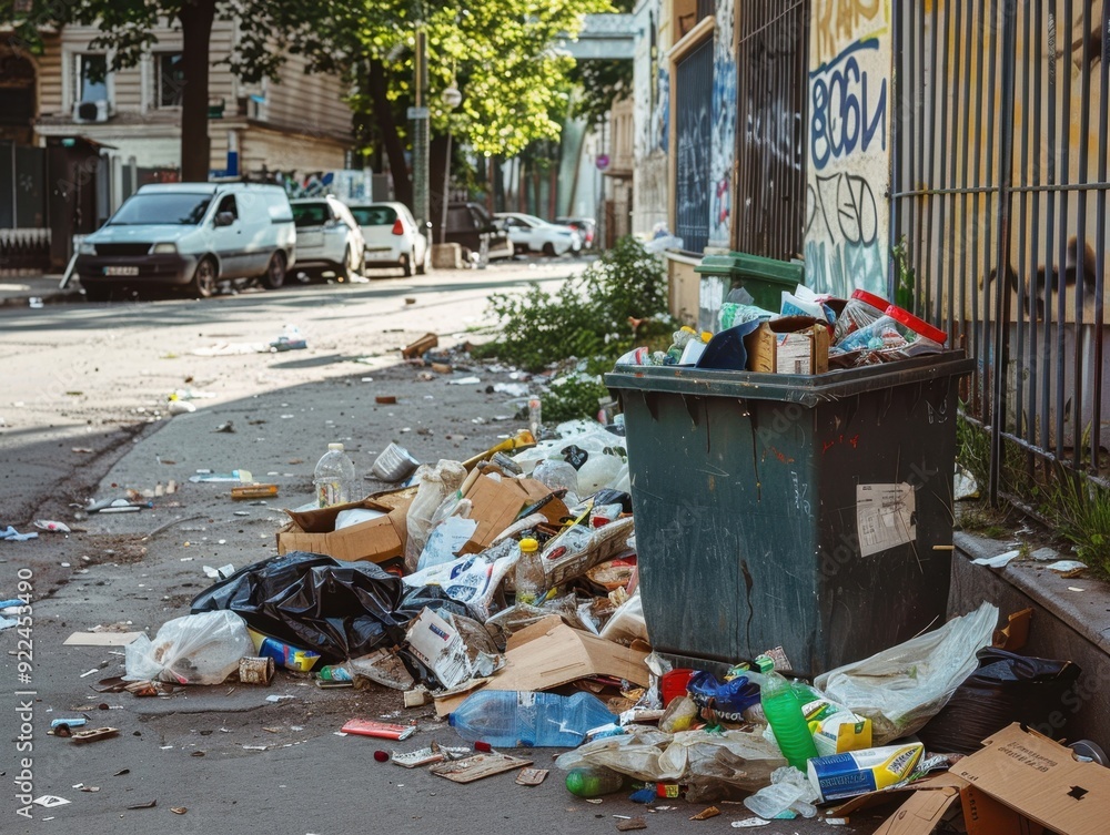 Overflowing trash bin surrounded by litter on a city street during daylight Overflowing trash bin surrounded by litter on a city street during daylight