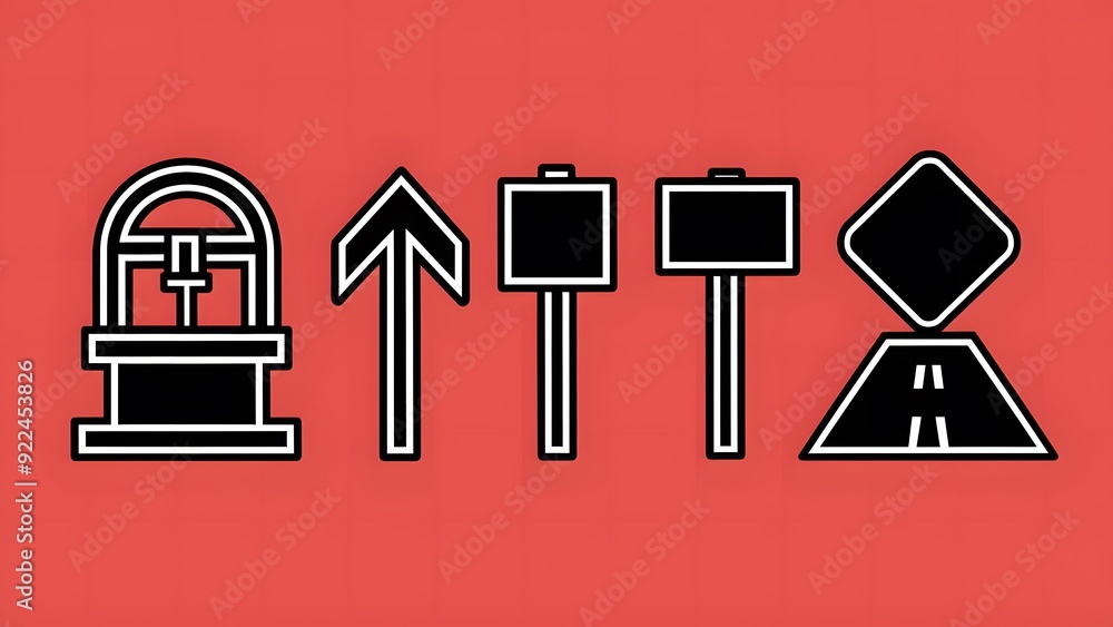 2D icons of a well, arrow, road sign and separate road on a bright red ...