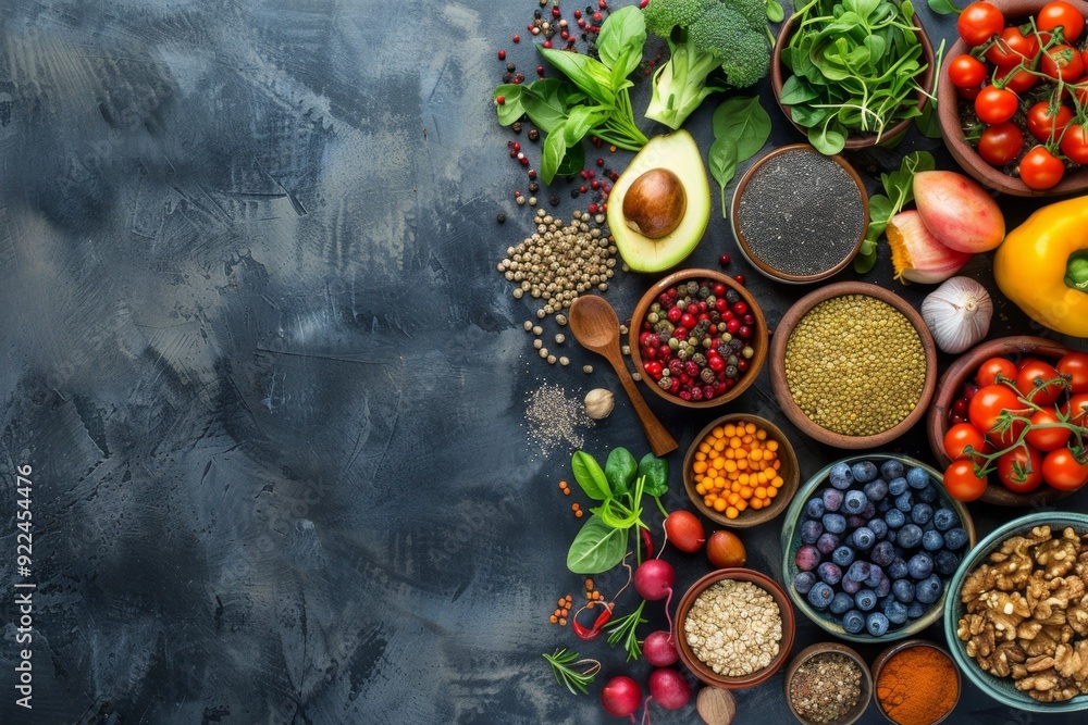 Vibrant assortment of fresh fruits, vegetables, herbs, and spices displayed in bowls on a dark background. Perfect for healthy eating concepts and food styling. Generative AI Vibrant assortment of fresh fruits, vegetables, herbs, and spices displayed in bowls on a dark background. Perfect for healthy eating concepts and food styling. Generative AI