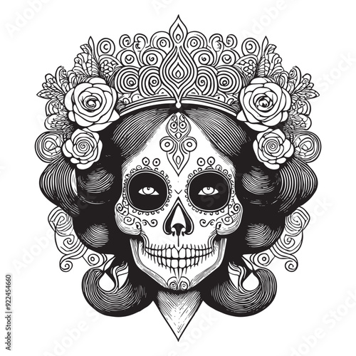 Calavera queen with vintage filigree crown and roses, perfect for Halloween and Day of the Dead themes