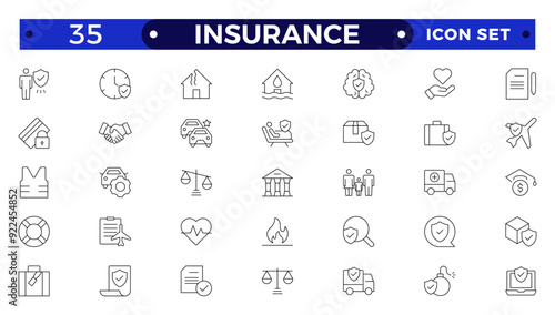 Insurance icon collection. Related to healthcare medical, life, car, home, travel insurance icons.
