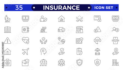 Insurance icon collection. Related to healthcare medical, life, car, home, travel insurance icons.