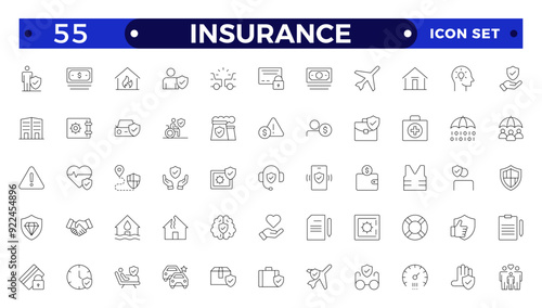 Insurance icon collection. Related to healthcare medical, life, car, home, travel insurance icons.