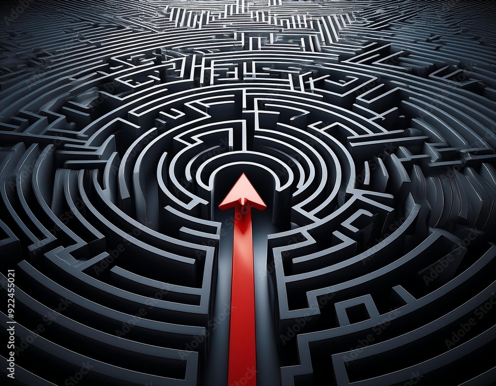 A red arrow navigating through a complex black maze A red arrow navigating through a complex black maze