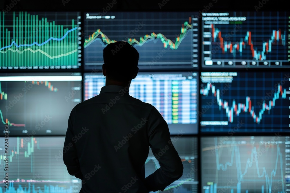 Silhouette of Person Analyzing Financial Data on Multiple Monitors. Business and finance theme. Stock market graphs displayed on screens. Modern business environment. Generative AI Silhouette of Person Analyzing Financial Data on Multiple Monitors. Business and finance theme. Stock market graphs displayed on screens. Modern business environment. Generative AI