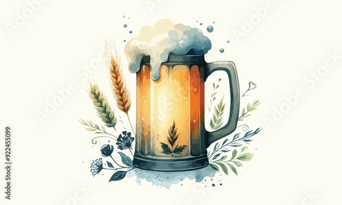 free drink, watercolor mugs of beer, alcohol drinks, hand drawn illustration, watercolor mugs of beer