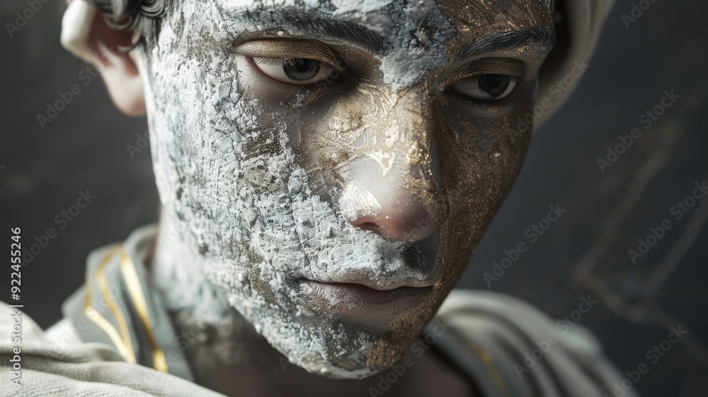 A close-up view of an ancient statue, highlighting the rich textures and details of the face, capturing its historical and artistic essence A close-up view of an ancient statue, highlighting the rich textures and details of the face, capturing its historical and artistic essence